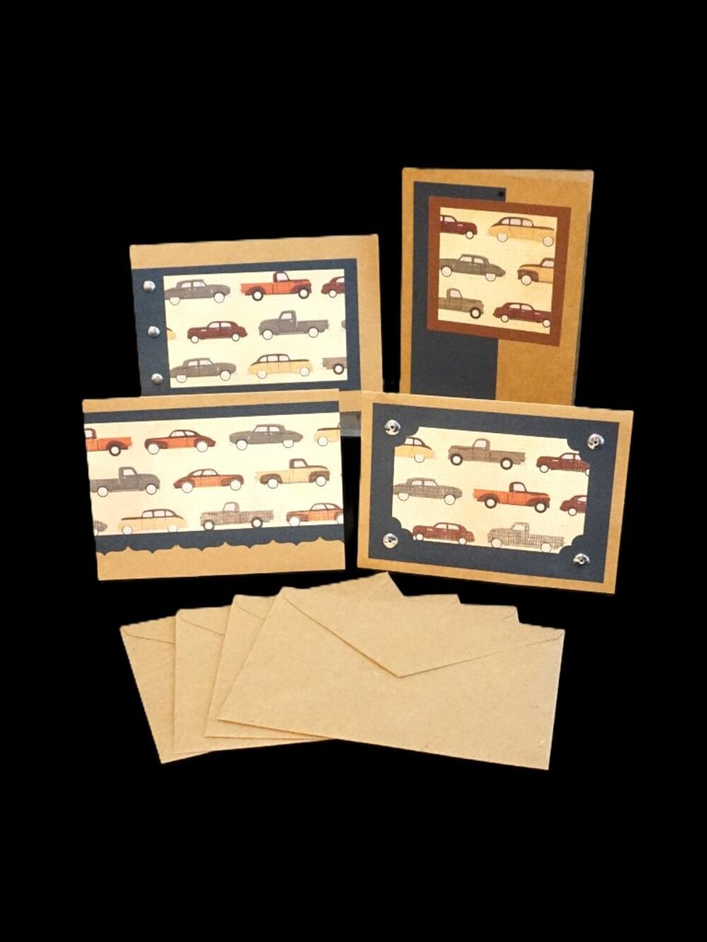 4 Kraft Classic Car Handmade Note Cards with Navy Cardstock and Silver Brads
